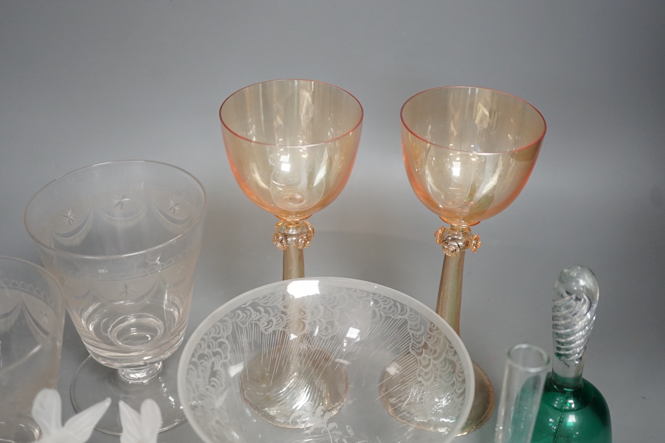 Two Venetian lustre glass goblets, a pair of rummers and sundry glassware, goblets 20cm high